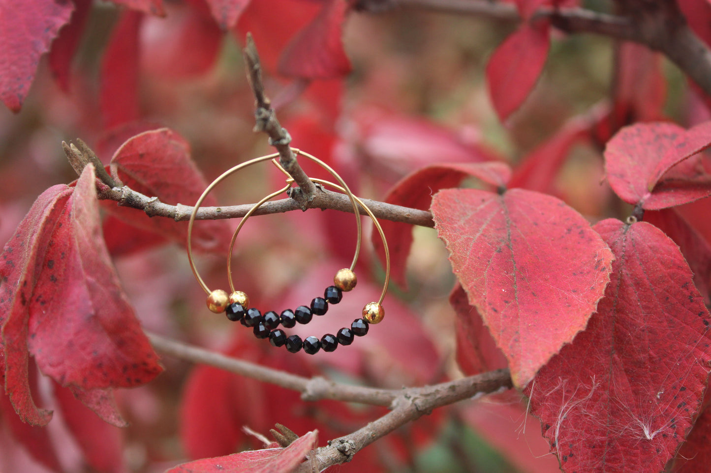 Natural Black Spinel Gemstone Gold Hoop Earrings