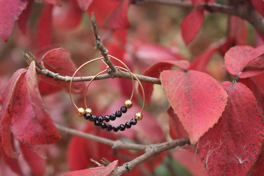 Natural Black Spinel Gemstone Gold Hoop Earrings