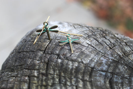 Green Dragonfly Drop Earrings green patina metal drop earrings by Luminous Moon