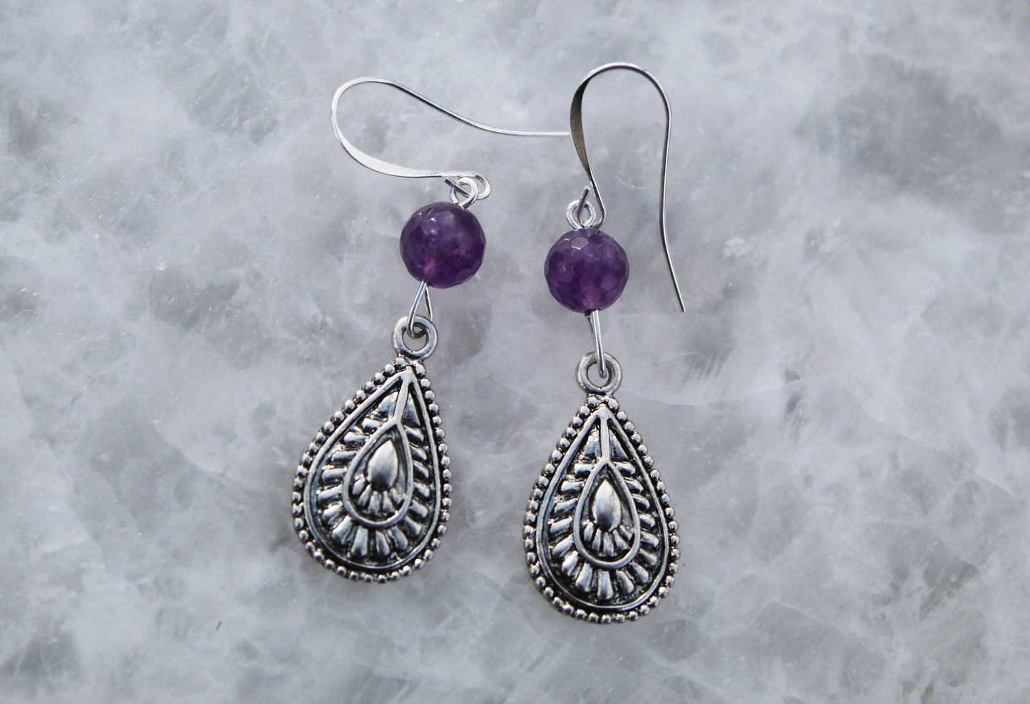 Natural Amethyst Teardrop Silver Earrings