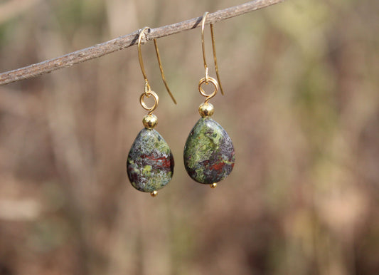 Dragon’s Blood Jasper teardrop earrings featuring natural green and red jasper stones on 14k gold-plated hooks