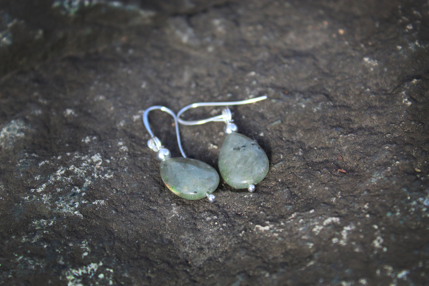 Grey labradorite teardrop earrings in silver with natural iridescent shimmer
