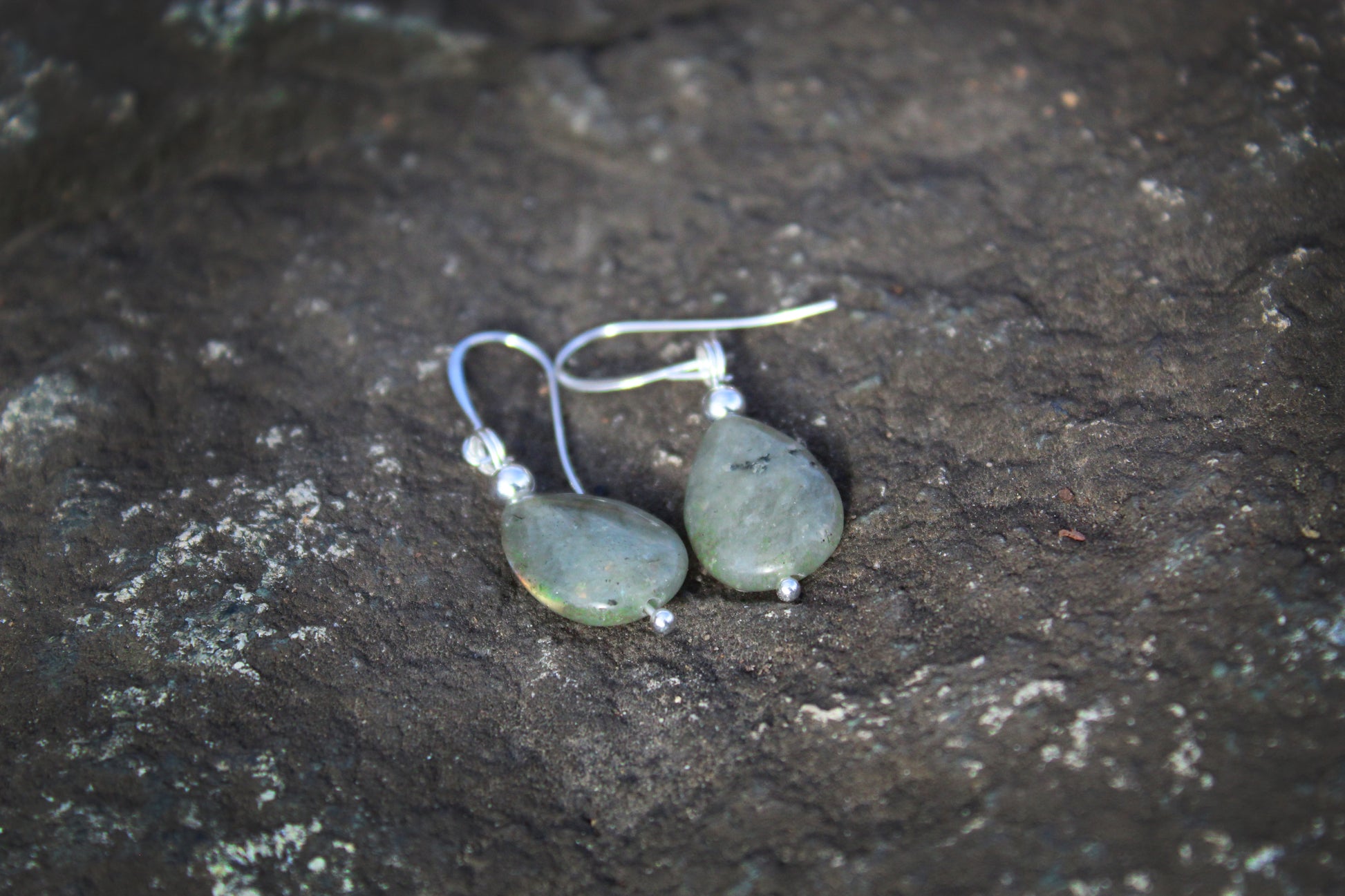 Grey labradorite teardrop earrings in silver with natural iridescent shimmer